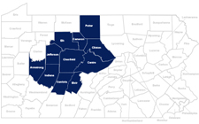 Armstrong, Blair, Cambria, Cameron, Centre, Clearfield, Clinton, Elk, Indiana, Jefferson, and Potter Counties