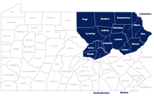 Bradford, Carbon, Columbia, Lackawanna, Luzerne, Lycoming, Monroe, Montour, Northumberland, Pike, Snyder, Sullivan, Susquehanna, Tioga, Union, Wayne, and Wyoming Counties