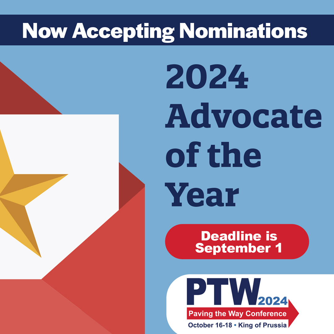 Now accepting nominations for 2024 Advocate of the Year. Deadline is September 1. logo for 2024 Paving the Way Conference